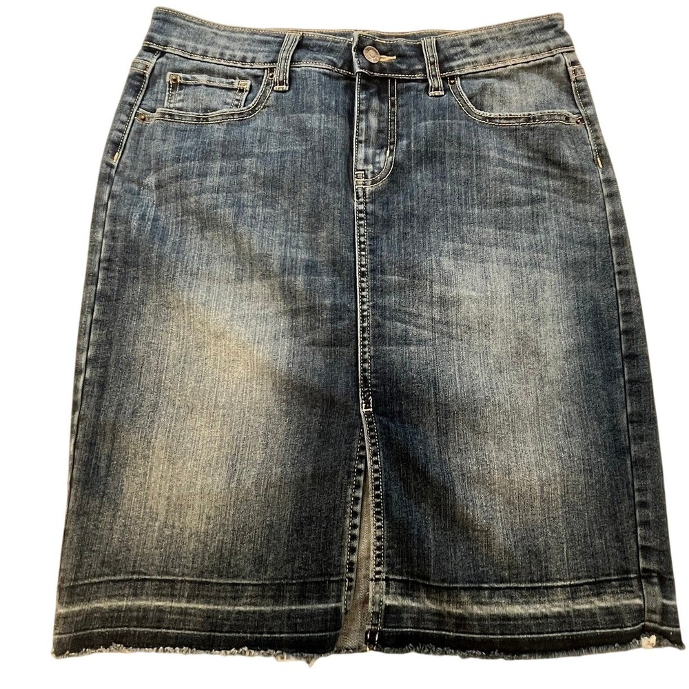 GAP Denim Skirt Raw Hem Mid Wash Stretch Jean Skirt | Unhemmed Style Size 8